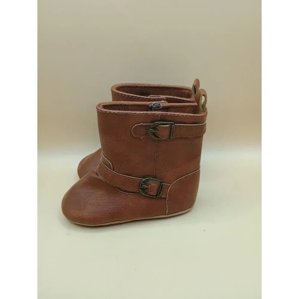 Leather Faux Baby Girl Booties Brown Boots 18-24 Pull On Hook & Latch Old Navy